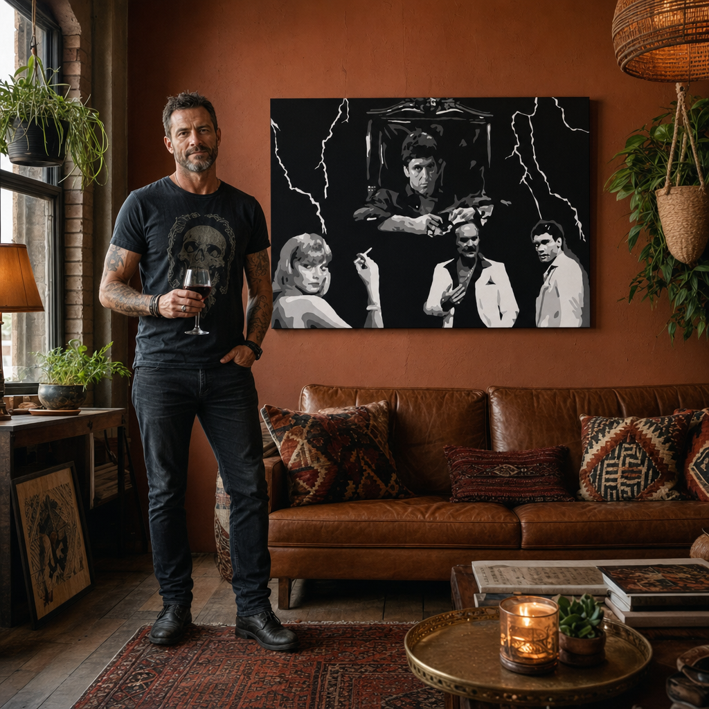 Kézzel festett POP Art festmény AL PACINO 1 db al15 – kép modern férfi belső térben, lifestyle vizualizáció. Domináns színek: fekete, fehér, szürke.