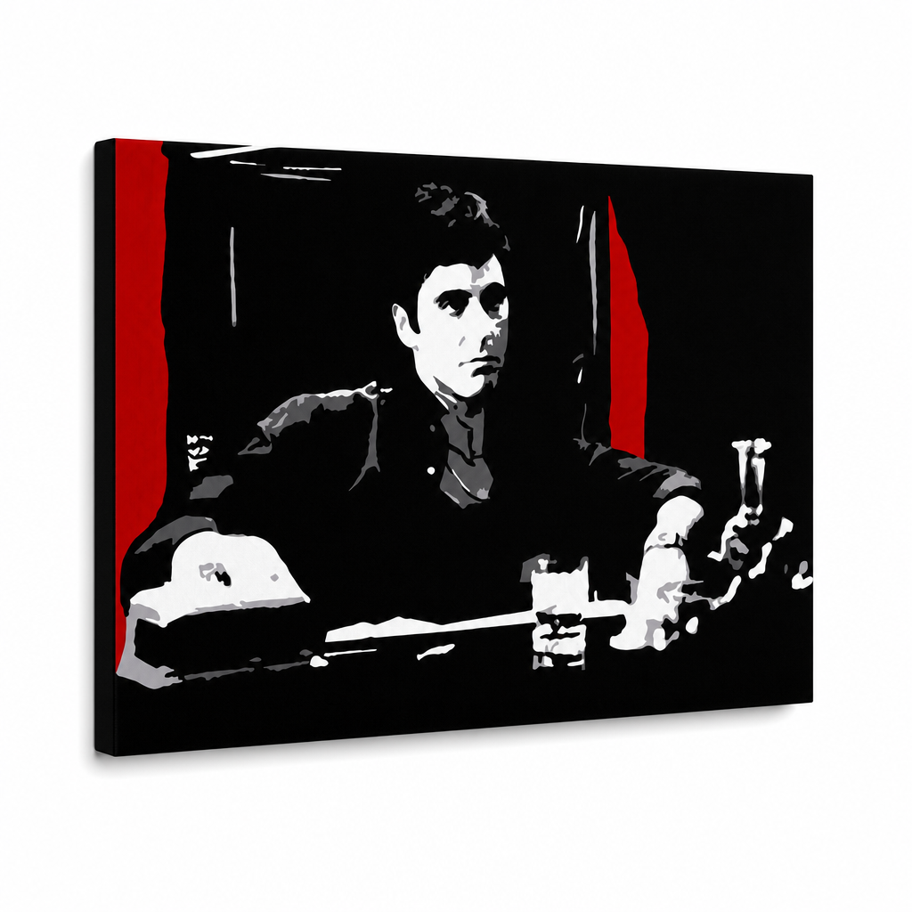 Kézzel festett POP Art festmény AL PACINO 1 db al30 – 3D látvány a kézzel festett vászonról fehér háttéren. Domináns színek: fekete, piros, szürke, fehér.