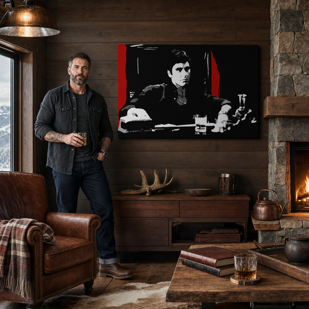 Kézzel festett POP Art festmény AL PACINO 1 db al30 – kép modern férfi belső térben, lifestyle vizualizáció. Domináns színek: fekete, piros, szürke, fehér.
