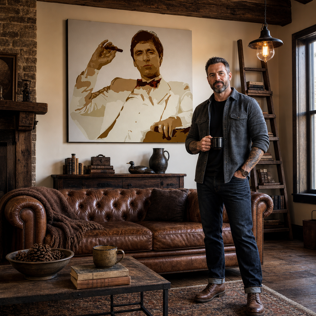 Kézzel festett POP Art festmény AL PACINO 1 db al35 – kép modern férfi belső térben, lifestyle vizualizáció. Domináns színek: barna, fehér, arany.