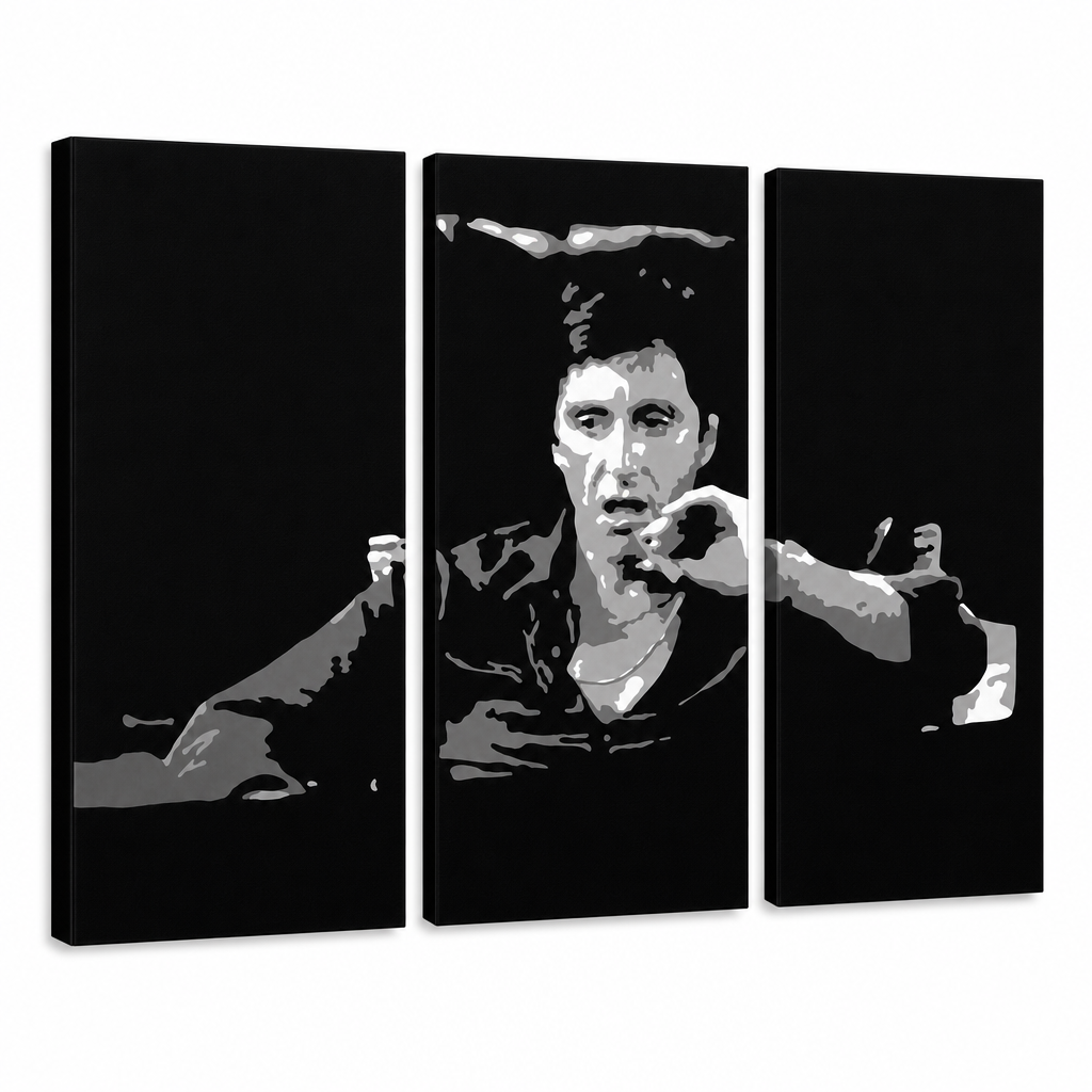 Kézzel festett POP Art festmény AL PACINO 3 darab al16 – 3D látvány a kézzel festett vászonról fehér háttéren. Domináns színek: fekete, szürke, fehér.