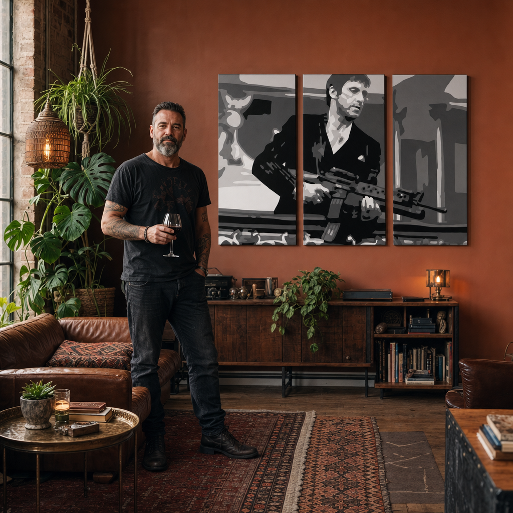 Kézzel festett POP Art festmény AL PACINO 3 darab al2 – kép modern férfi belső térben, lifestyle vizualizáció. Domináns színek: fekete, szürke, fehér.