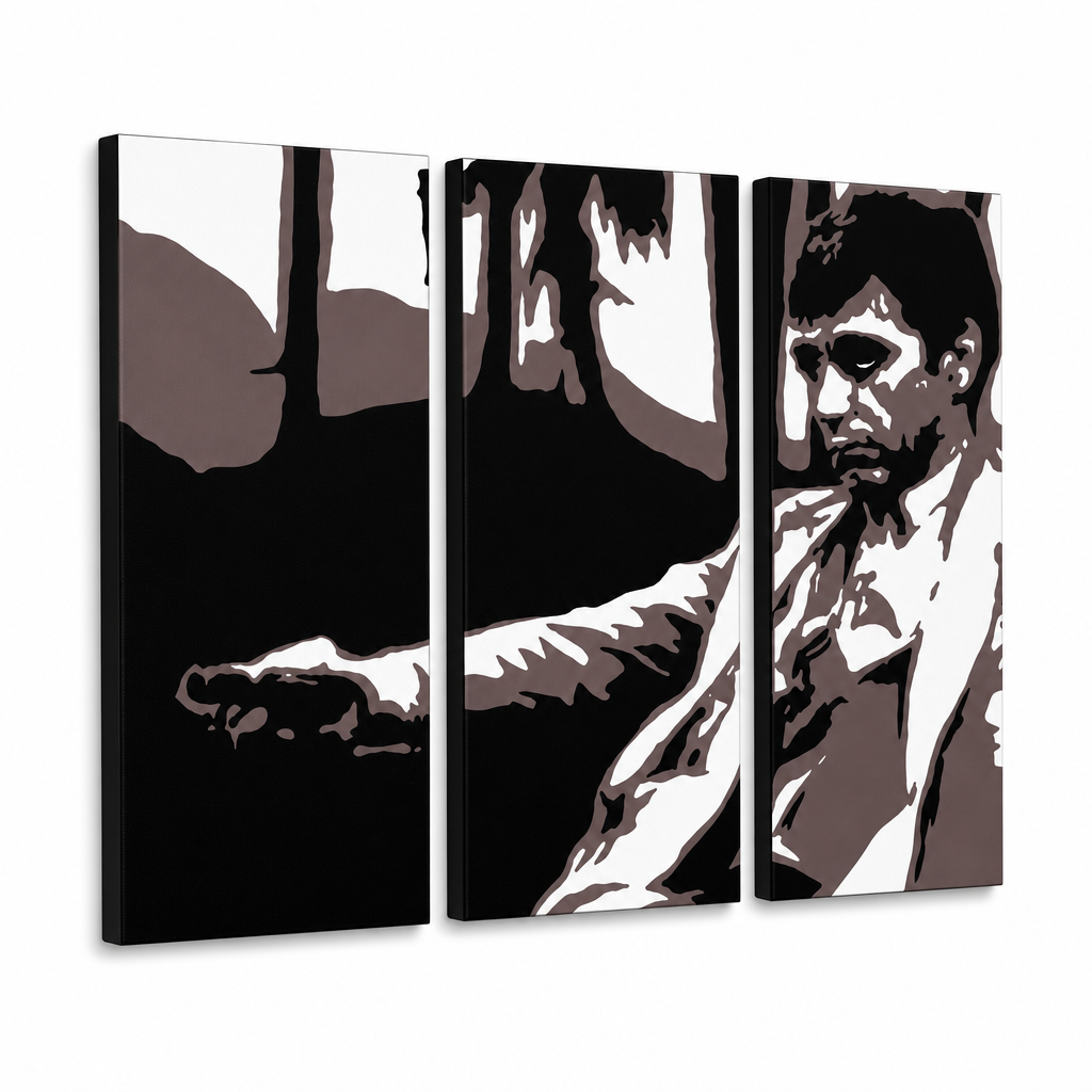 Kézzel festett POP Art festmény AL PACINO 3 darab al24 – 3D látvány a kézzel festett vászonról fehér háttéren. Domináns színek: fekete, barna, fehér, szürke.