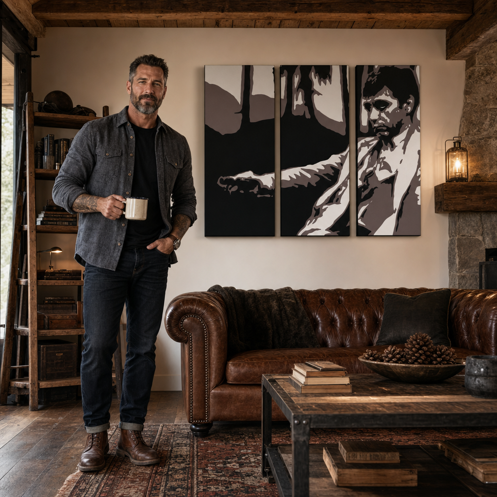 Kézzel festett POP Art festmény AL PACINO 3 darab al24 – kép modern férfi belső térben, lifestyle vizualizáció. Domináns színek: fekete, barna, fehér, szürke.