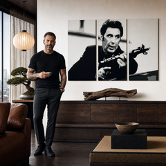 Kézzel festett POP Art festmény AL PACINO 3 darab al4 – kép modern férfi belső térben, lifestyle vizualizáció. Domináns színek: fekete, fehér, szürke.