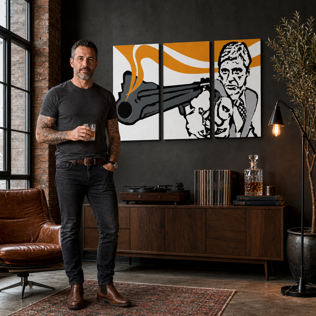 Kézzel festett POP Art festmény AL PACINO 3 darab al7 – kép modern férfi belső térben, lifestyle vizualizáció. Domináns színek: fekete, narancssárga, fehér, szürke.
