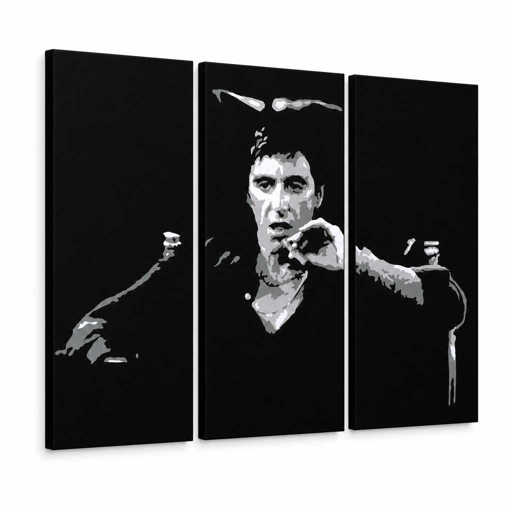 Kézzel festett POP Art festmény AL PACINO 3 db al27 – 3D látvány a kézzel festett vászonról fehér háttéren. Domináns színek: fekete, szürke, fehér.