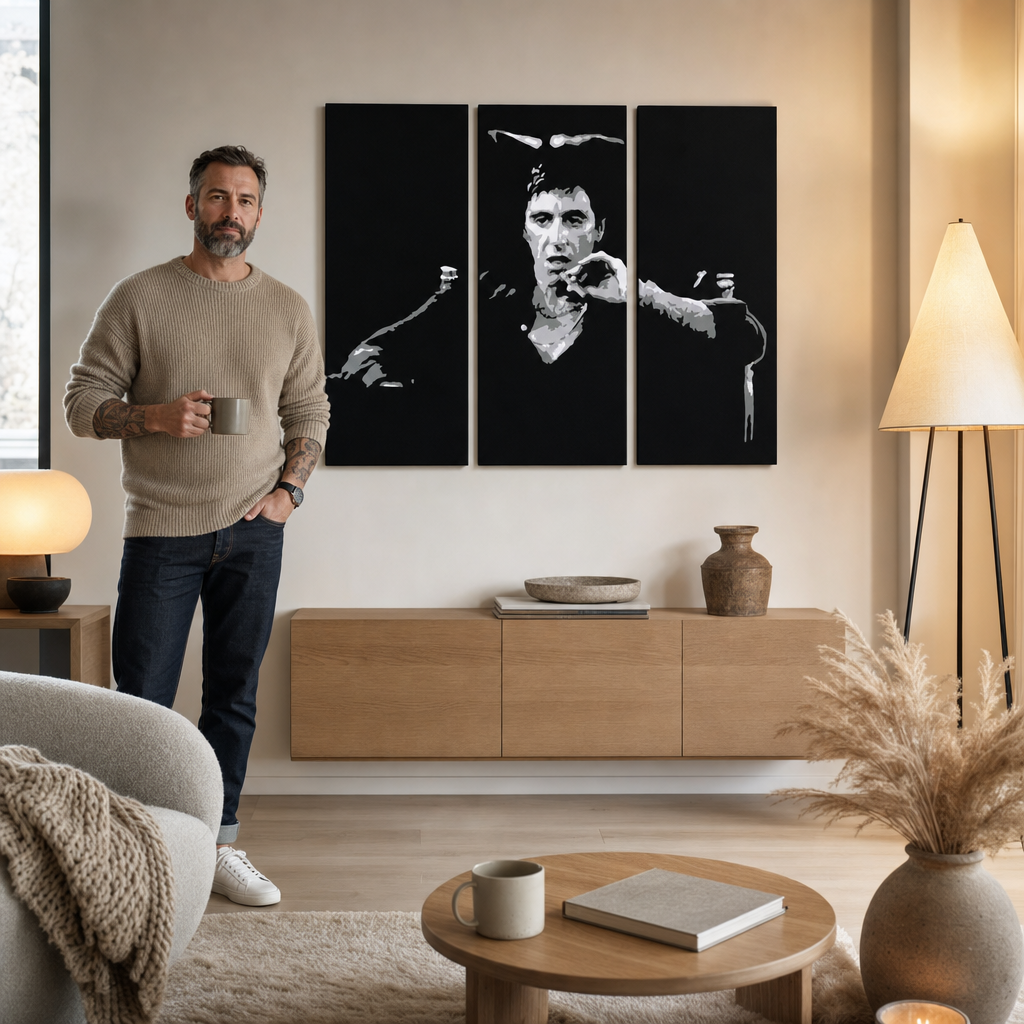 Kézzel festett POP Art festmény AL PACINO 3 db al27 – kép modern férfi belső térben, lifestyle vizualizáció. Domináns színek: fekete, szürke, fehér.