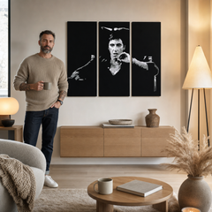 Kézzel festett POP Art festmény AL PACINO 3 db al27 – kép modern férfi belső térben, lifestyle vizualizáció. Domináns színek: fekete, szürke, fehér.