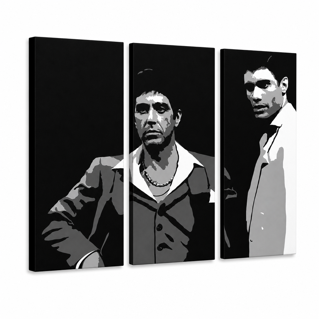Kézzel festett POP Art festmény AL PACINO 3 db al31 – 3D látvány a kézzel festett vászonról fehér háttéren. Domináns színek: fekete, fehér, szürke.