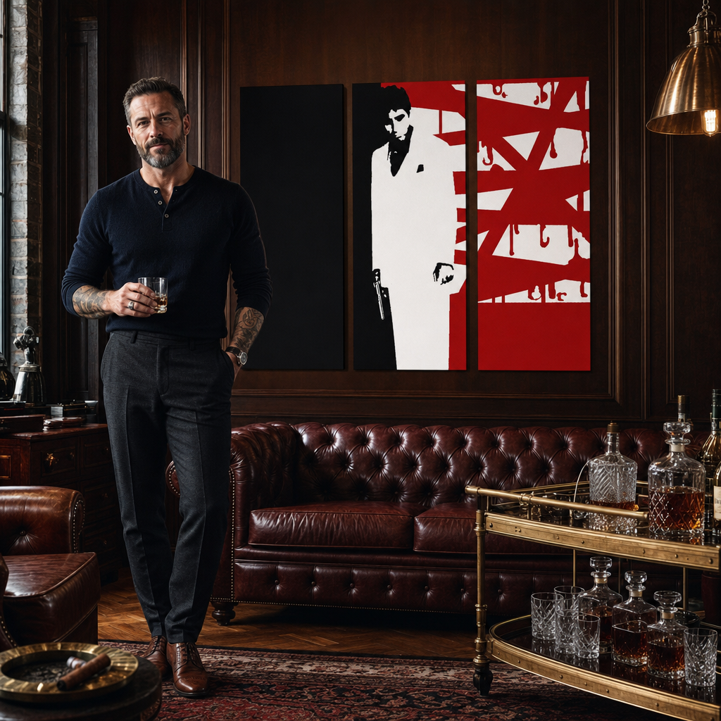 Kézzel festett POP Art festmény AL PACINO 3 db al33 – kép modern férfi belső térben, lifestyle vizualizáció. Domináns színek: fekete, fehér, piros.