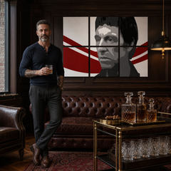 Kézzel festett POP Art festmény AL PACINO 6 részes al6 – kép modern férfi belső térben, lifestyle vizualizáció. Domináns színek: fekete, piros, fehér.