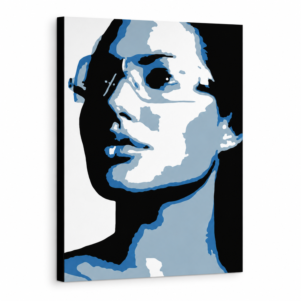 Kézzel festett POP Art festmény Angelina Jolie 1 db még – 3D látvány a kézzel festett vászonról fehér háttéren. Domináns színek: kék, szürke, fekete.