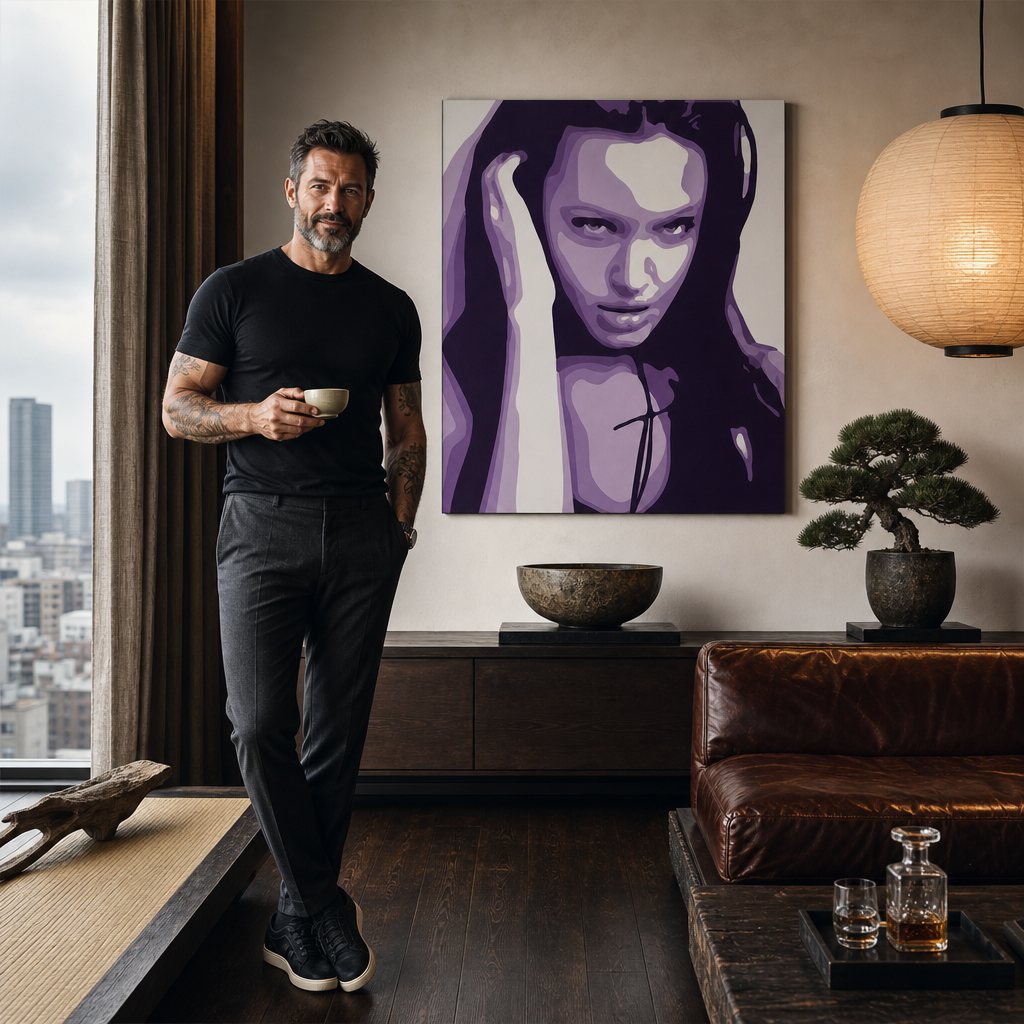 Kézzel festett POP Art festmény Angelina Jolie 1 rész aj2 – kép modern férfi belső térben, lifestyle vizualizáció. Domináns színek: lila, fekete, fehér.