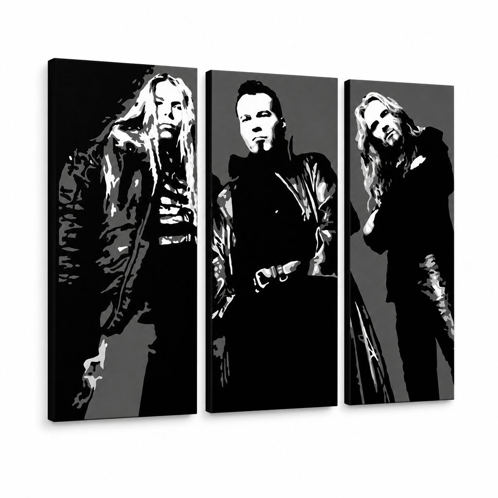 Kézzel festett POP Art festmény Apocalyptica 3 részes apo – 3D látvány a kézzel festett vászonról fehér háttéren. Domináns színek: fekete, fehér, szürke.