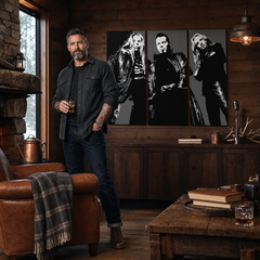 Kézzel festett POP Art festmény Apocalyptica 3 részes apo – kép modern férfi belső térben, lifestyle vizualizáció. Domináns színek: fekete, fehér, szürke.