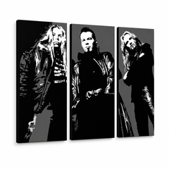 Kézzel festett POP Art festmény Apocalyptica 3 részes apo – 3D látvány a kézzel festett vászonról fehér háttéren. Domináns színek: fekete, fehér, szürke.