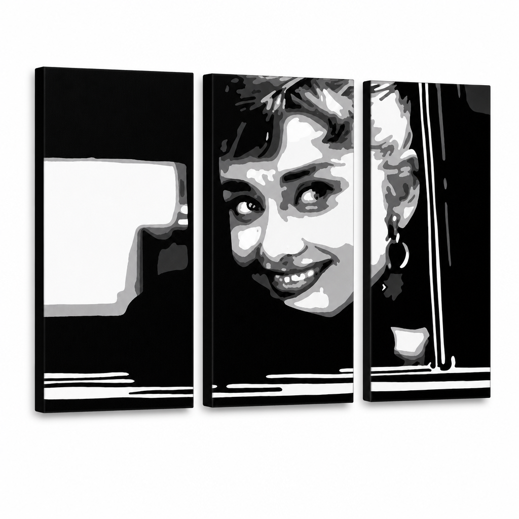 Kézzel festett POP Art festmény Audrey HEPBHURN 3 darab ah1 – 3D látvány a kézzel festett vászonról fehér háttéren. Domináns színek: fekete, fehér, szürke.
