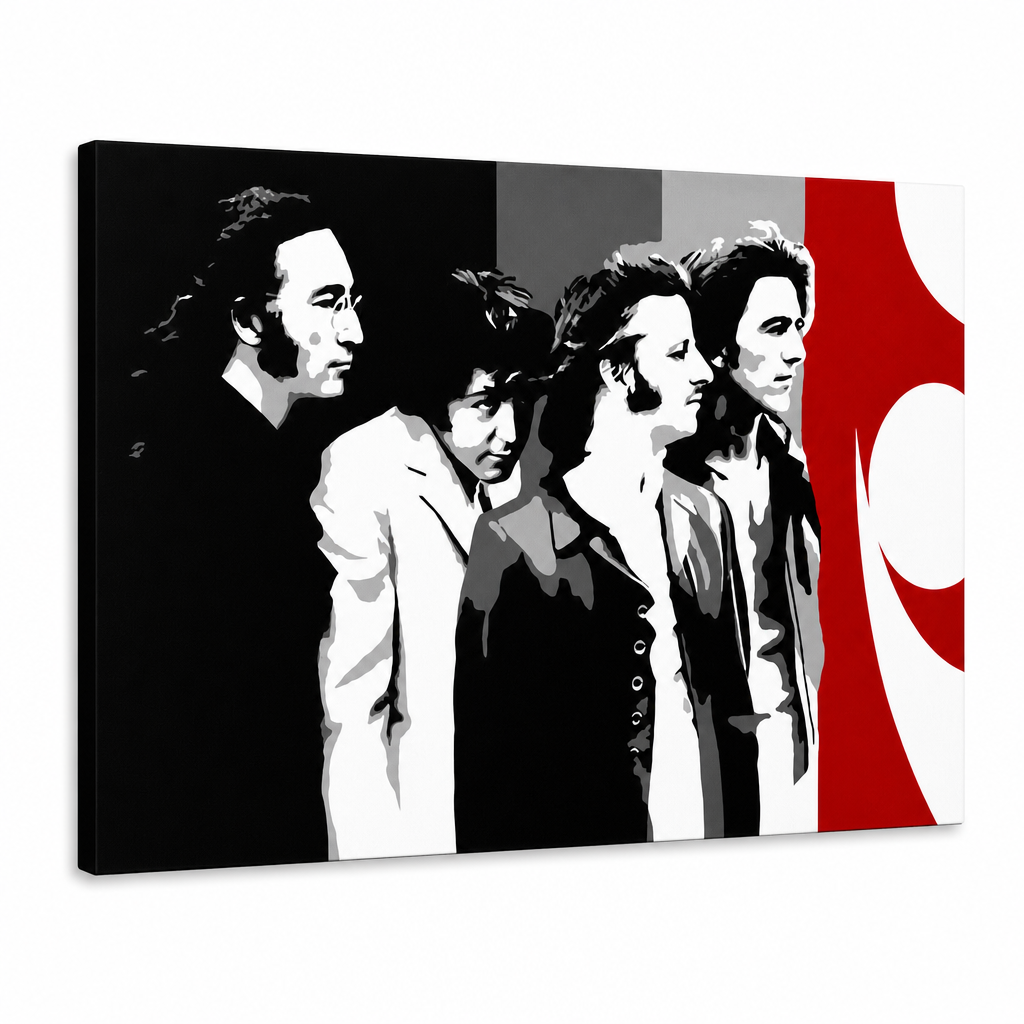 Kézzel festett POP Art festmény BEATLES 1 db beat7 – 3D látvány a kézzel festett vászonról fehér háttéren. Domináns színek: fekete, fehér, piros, szürke.