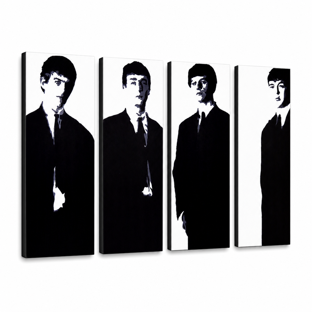 Kézzel festett POP Art festmény Beatles 4 db bea3 – 3D látvány a kézzel festett vászonról fehér háttéren. Domináns színek: fekete, fehér, szürke.