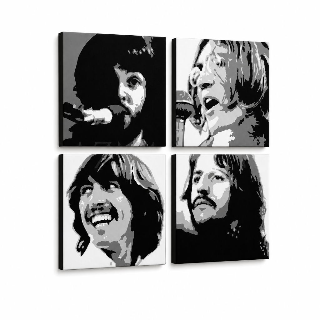 Kézzel festett POP Art festmény BEATLES 4 db bea4 – 3D látvány a kézzel festett vászonról fehér háttéren. Domináns színek: fekete, fehér, szürke.