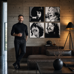 Kézzel festett POP Art festmény BEATLES 4 db bea4 – kép modern férfi belső térben, lifestyle vizualizáció. Domináns színek: fekete, fehér, szürke.