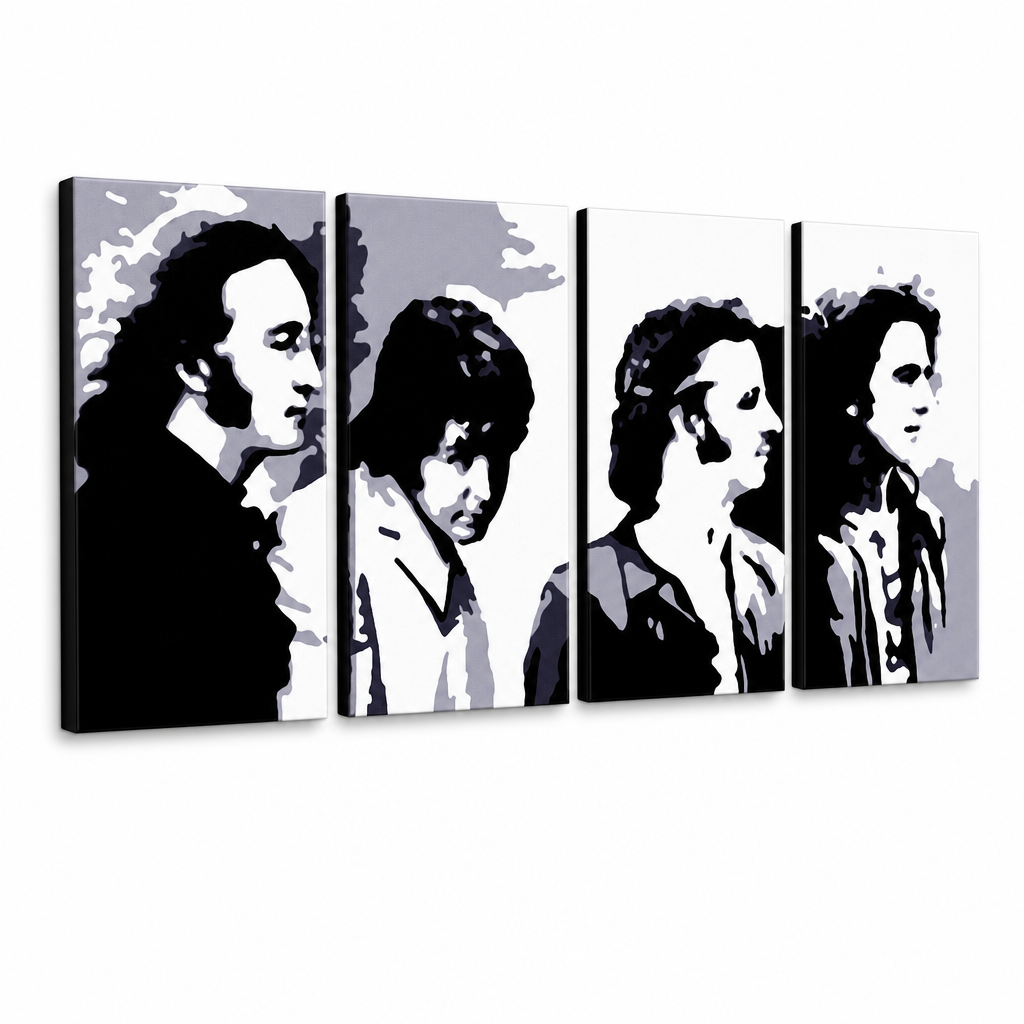 Kézzel festett POP Art festmény Beatles 4 db bea5 – 3D látvány a kézzel festett vászonról fehér háttéren. Domináns színek: fekete, szürke, fehér, arany.