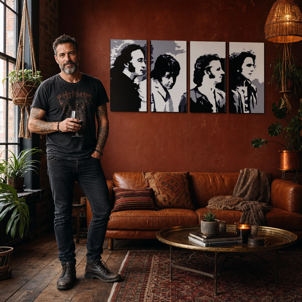 Kézzel festett POP Art festmény Beatles 4 db bea5 – kép modern férfi belső térben, lifestyle vizualizáció. Domináns színek: fekete, szürke, fehér, arany.