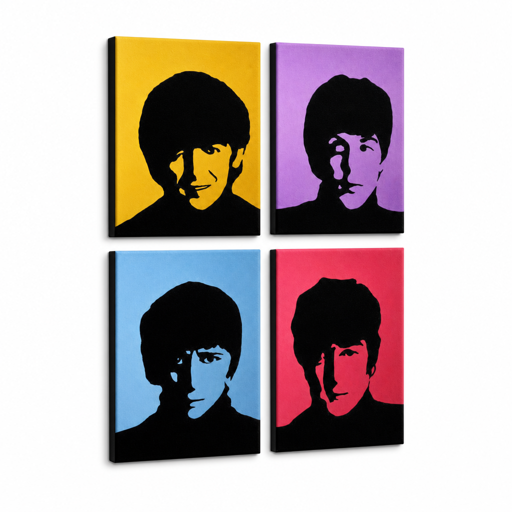 Kézzel festett POP Art festmény BEATLES 4 db bea6 – 3D látvány a kézzel festett vászonról fehér háttéren. Domináns színek: sárga, lila, kék, piros, fekete.