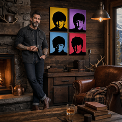 Kézzel festett POP Art festmény BEATLES 4 db bea6 – kép modern férfi belső térben, lifestyle vizualizáció. Domináns színek: sárga, lila, kék, piros, fekete.