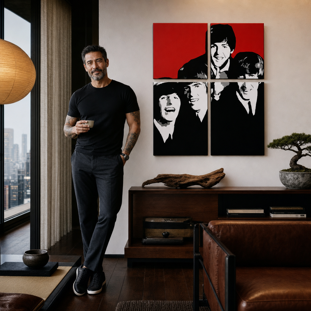 Kézzel festett POP Art festmény BEATLES 4 db bea7 – kép modern férfi belső térben, lifestyle vizualizáció. Domináns színek: piros, fekete, fehér, szürke.
