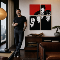 Kézzel festett POP Art festmény BEATLES 4 db bea7 – kép modern férfi belső térben, lifestyle vizualizáció. Domináns színek: piros, fekete, fehér, szürke.