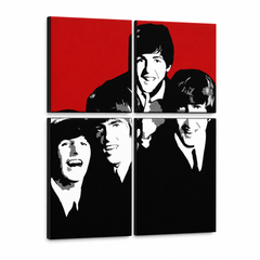 Kézzel festett POP Art festmény BEATLES 4 db bea7 – 3D látvány a kézzel festett vászonról fehér háttéren. Domináns színek: piros, fekete, fehér, szürke.
