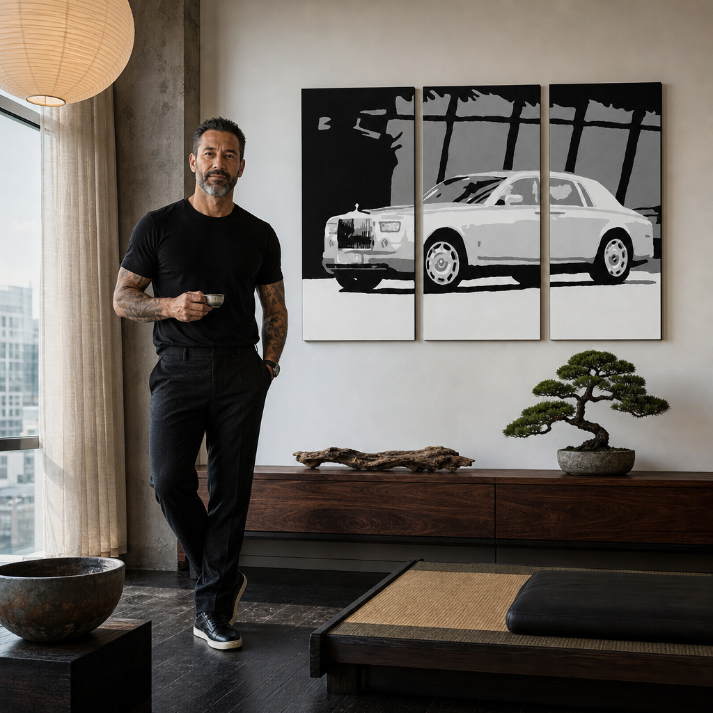 Kézzel festett POP Art festmény BENTLEY 3 darab hajlított – kép modern férfi belső térben, lifestyle vizualizáció. Domináns színek: fehér, fekete, szürke.
