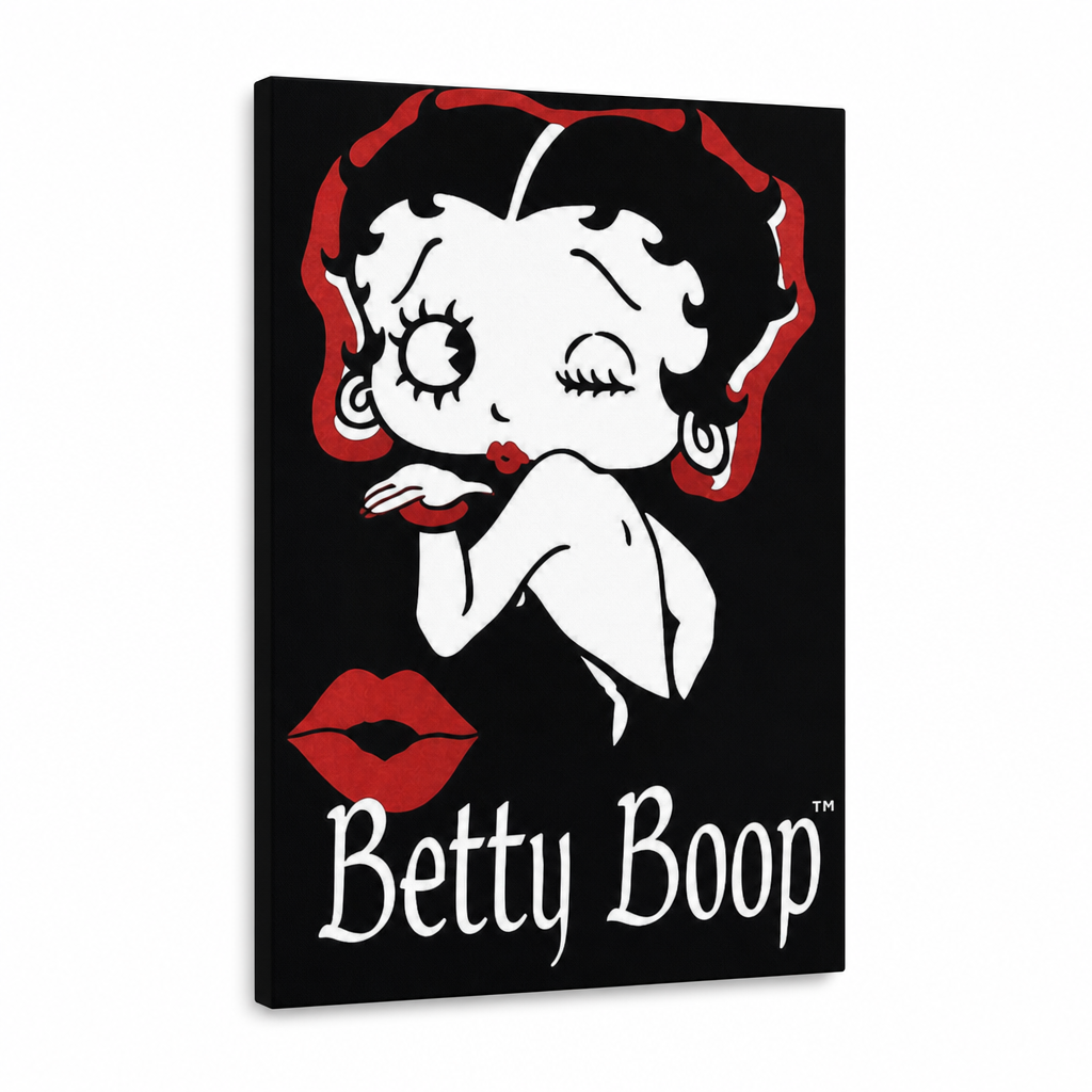 Kézzel festett POP Art festmény Betty Boop 1 db bb – 3D látvány a kézzel festett vászonról fehér háttéren. Domináns színek: fekete, piros, fehér.
