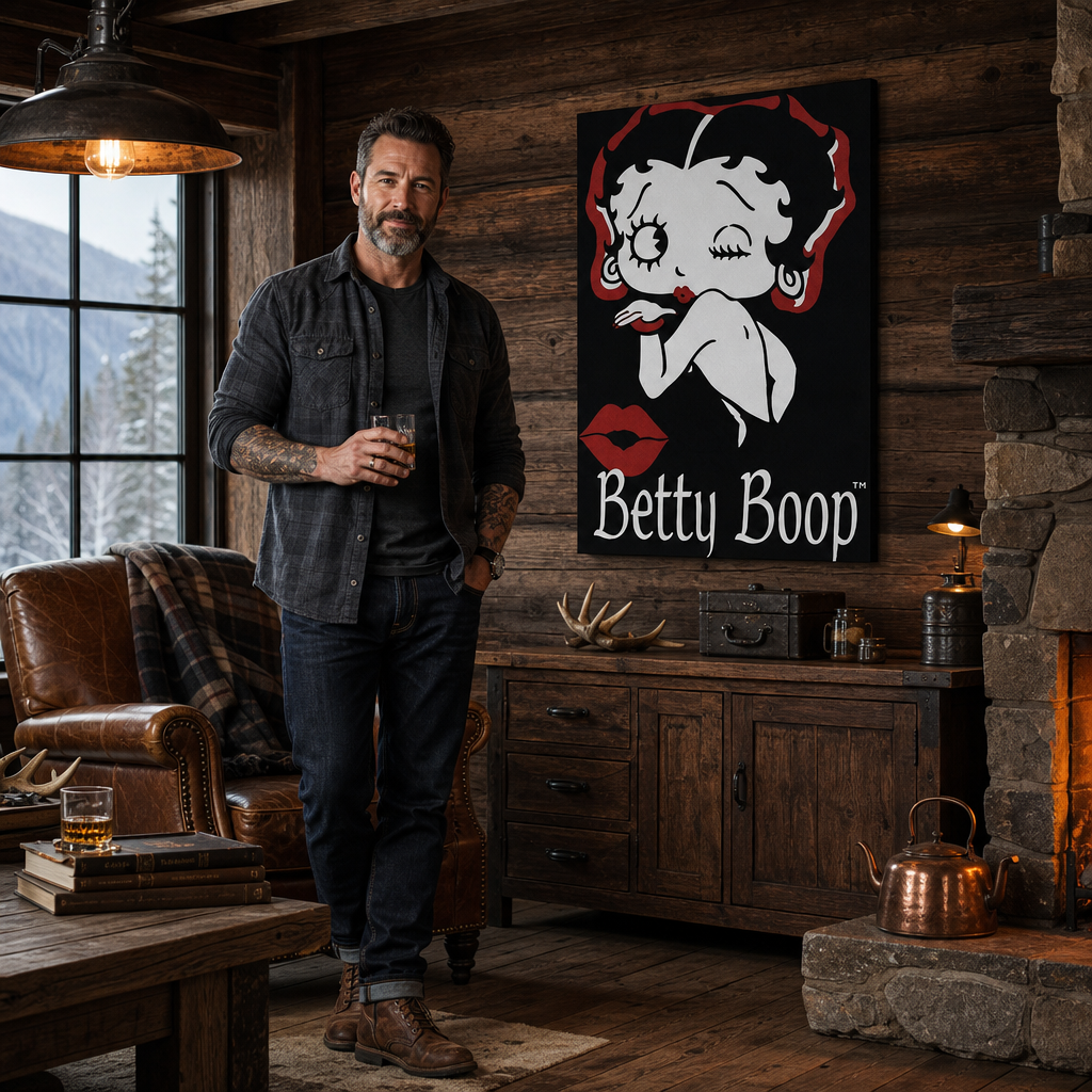 Kézzel festett POP Art festmény Betty Boop 1 db bb – kép modern férfi belső térben, lifestyle vizualizáció. Domináns színek: fekete, piros, fehér.