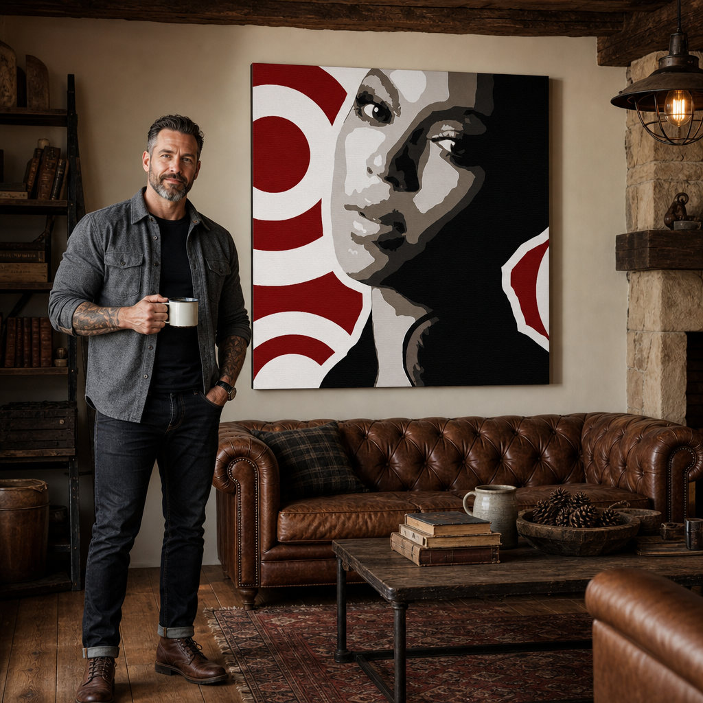 Kézzel festett POP Art festmény BEYONCÉ 1 db bey3 – kép modern férfi belső térben, lifestyle vizualizáció. Domináns színek: fekete, piros, barna, fehér, szürke.