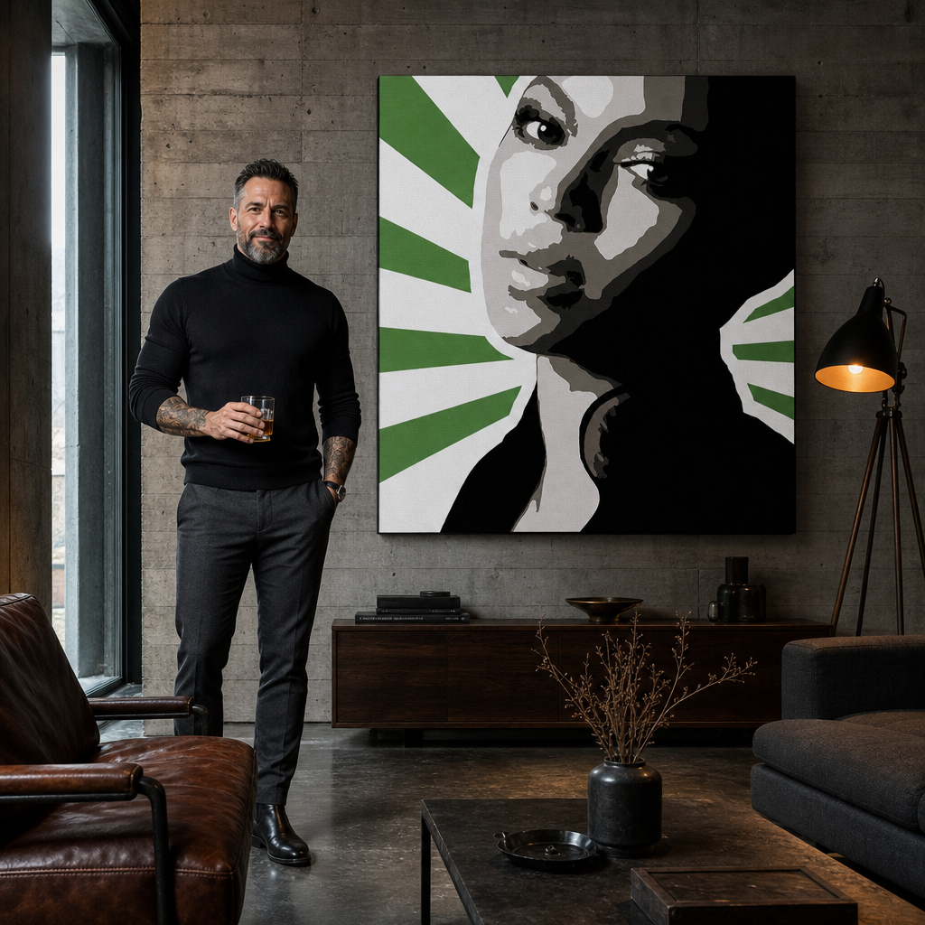Kézzel festett POP Art festmény BEYONCÉ 1 db bey4 – kép modern férfi belső térben, lifestyle vizualizáció. Domináns színek: zöld, fekete, szürke, fehér, rózsaszín.