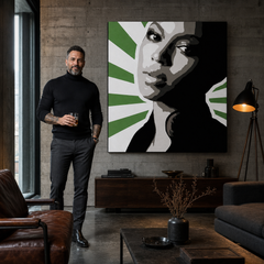 Kézzel festett POP Art festmény BEYONCÉ 1 db bey4 – kép modern férfi belső térben, lifestyle vizualizáció. Domináns színek: zöld, fekete, szürke, fehér, rózsaszín.