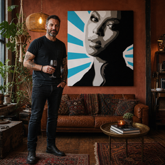 Kézzel festett POP Art festmény BEYONCÉ 1 db bey5 – kép modern férfi belső térben, lifestyle vizualizáció. Domináns színek: fekete, kék, fehér, szürke, barna.