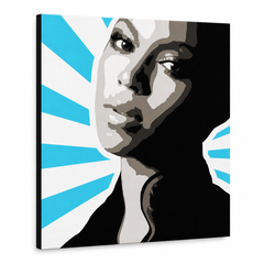 Kézzel festett POP Art festmény BEYONCÉ 1 db bey5 – 3D látvány a kézzel festett vászonról fehér háttéren. Domináns színek: fekete, kék, fehér, szürke, barna.