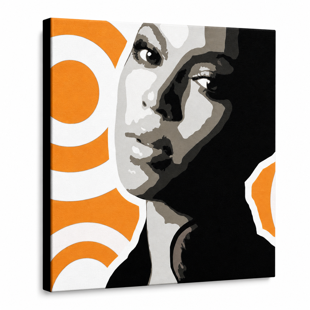 Kézzel festett POP Art festmény BEYONCÉ 1 db bey6 – 3D látvány a kézzel festett vászonról fehér háttéren. Domináns színek: fekete, narancssárga, fehér, szürke.