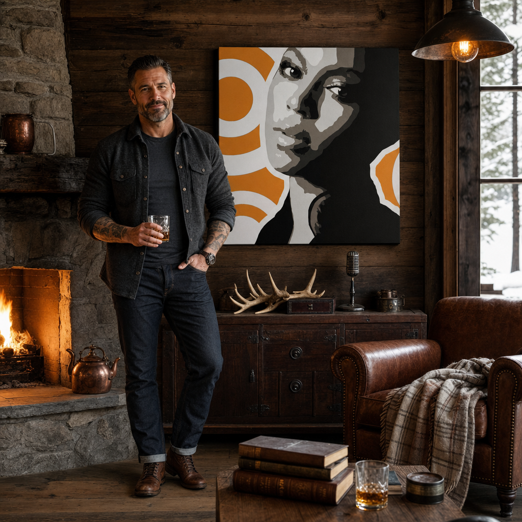 Kézzel festett POP Art festmény BEYONCÉ 1 db bey6 – kép modern férfi belső térben, lifestyle vizualizáció. Domináns színek: fekete, narancssárga, fehér, szürke.