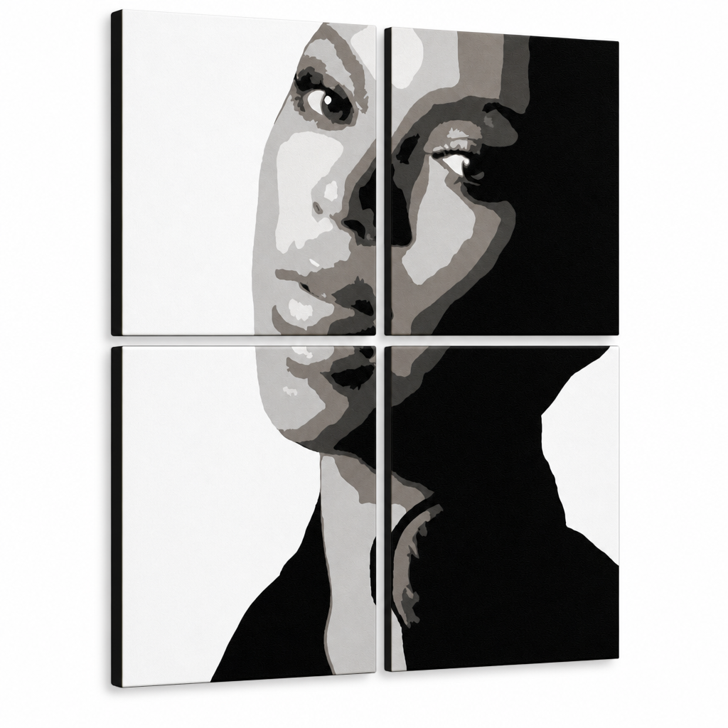 Kézzel festett POP Art festmény BEYONCÉ 4 darabos bey – 3D látvány a kézzel festett vászonról fehér háttéren. Domináns színek: fekete, fehér, szürke.