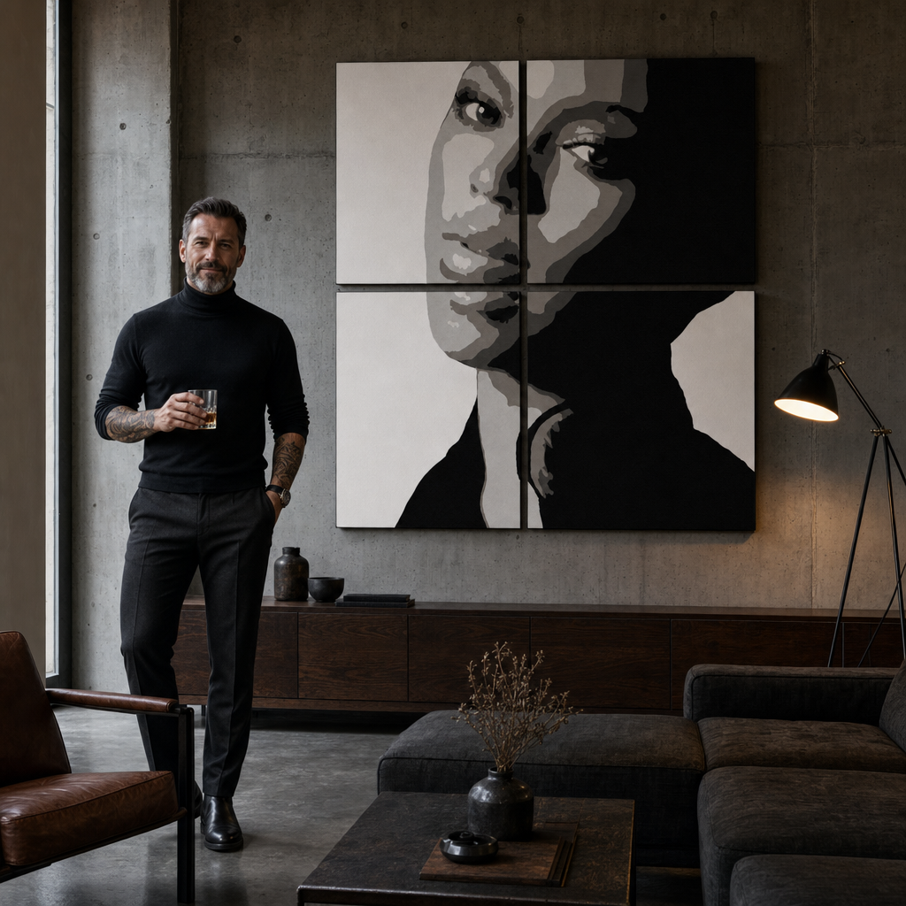 Kézzel festett POP Art festmény BEYONCÉ 4 darabos bey – kép modern férfi belső térben, lifestyle vizualizáció. Domináns színek: fekete, fehér, szürke.