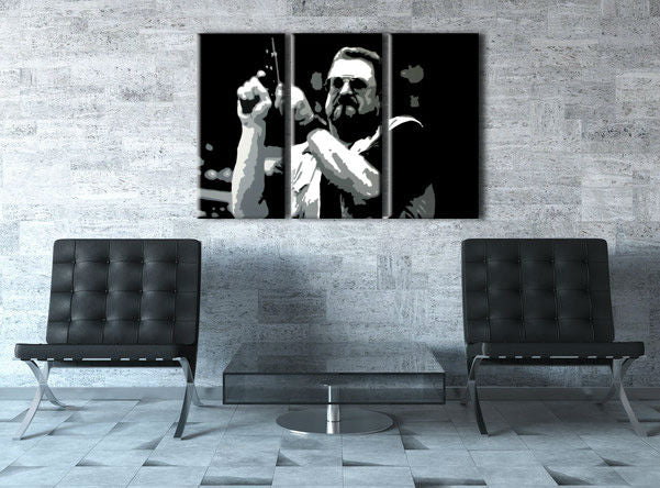 Pop art vászonkép motívummal: Big Lebowski fehér-szürke árnyalatokban felakasztva az enteriőrben nappali számára, intenzív hangulat, erő és hatalom | Kézzel festett POP Art kép Big Lebowski – enteriőr, nézet 2