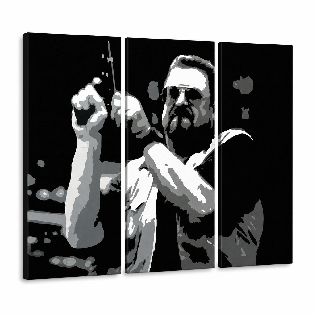 Kézzel festett POP Art festmény Big Lebowski 3 rész bl – 3D látvány a kézzel festett vászonról fehér háttéren. Domináns színek: fekete, fehér, szürke.