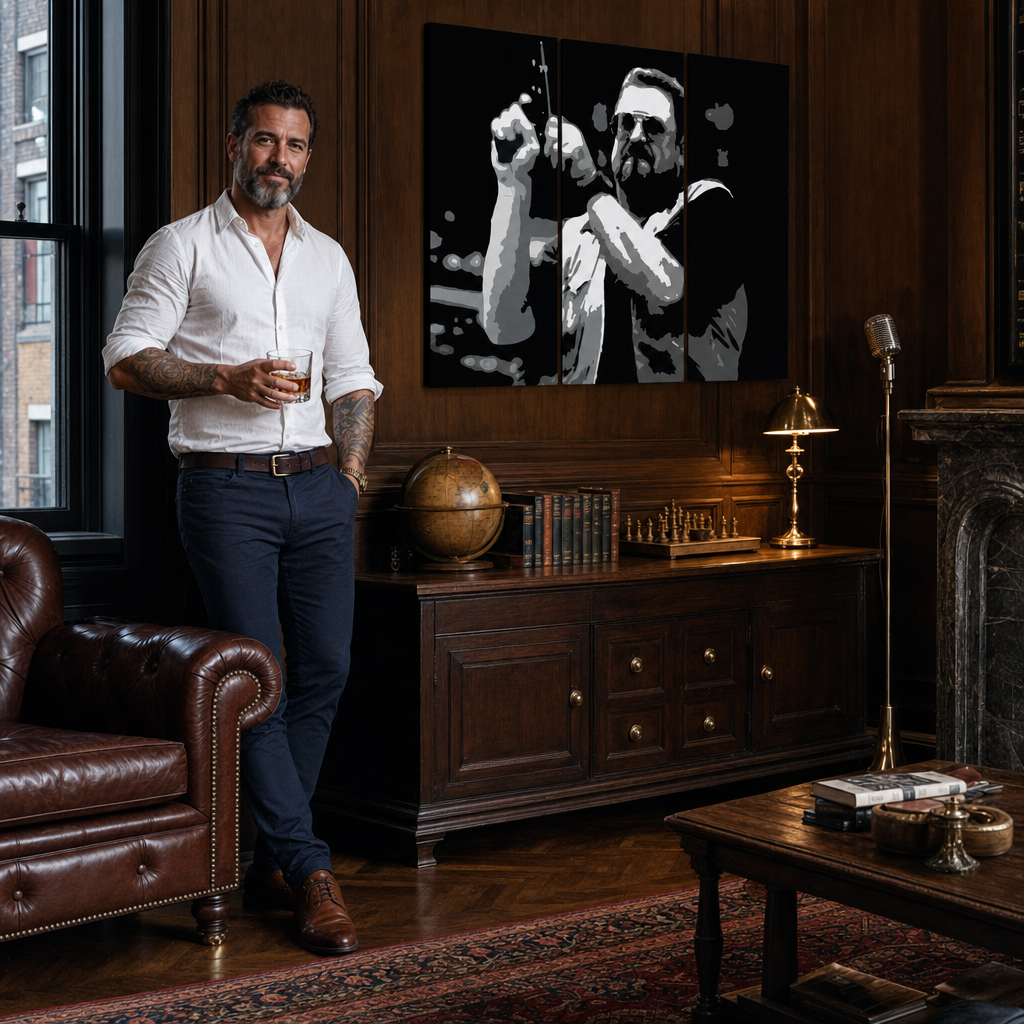 Kézzel festett POP Art festmény Big Lebowski 3 rész bl – kép modern férfi belső térben, lifestyle vizualizáció. Domináns színek: fekete, fehér, szürke.