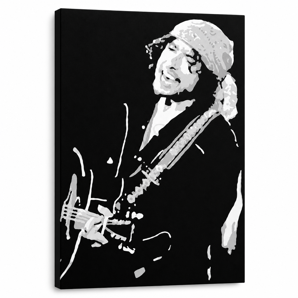 Kézzel festett POP Art festmény Bob Dylan 1 rész bd – 3D látvány a kézzel festett vászonról fehér háttéren. Domináns színek: fekete, fehér, szürke.