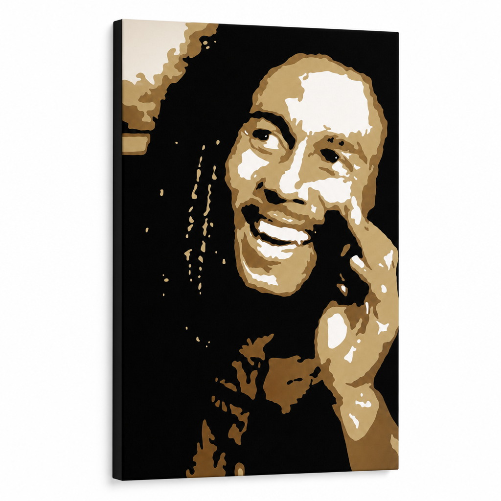 Kézzel festett POP Art festmény Bob Marley 1 rész bm – 3D látvány a kézzel festett vászonról fehér háttéren. Domináns színek: fekete, barna, fehér, arany.